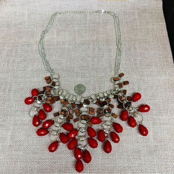 Silver Wood and Red Bead Bib Necklace - Picture 1 of 2